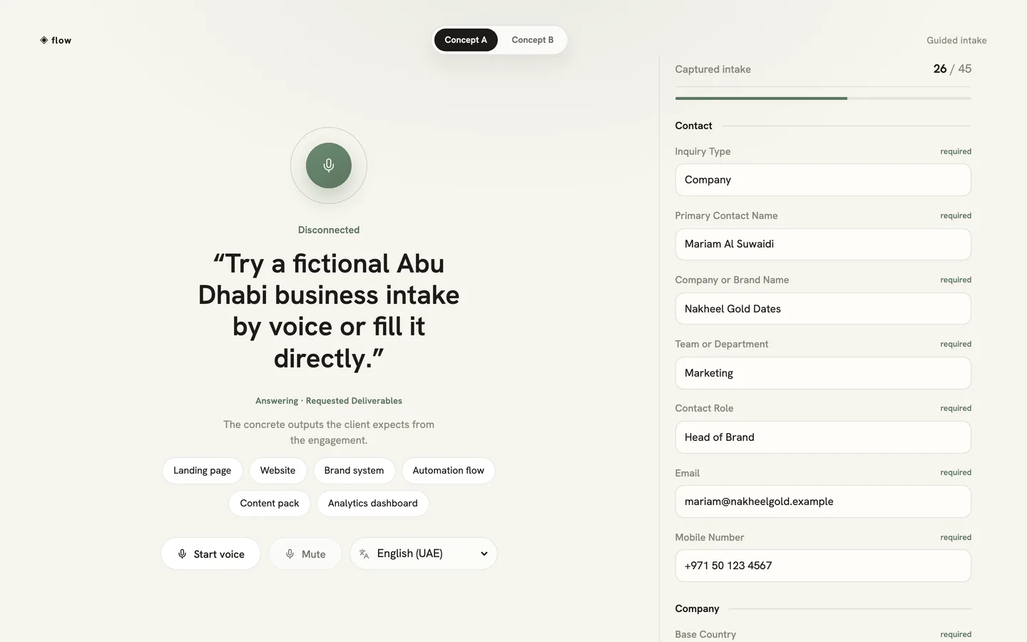 Flow fills a form while a person talks